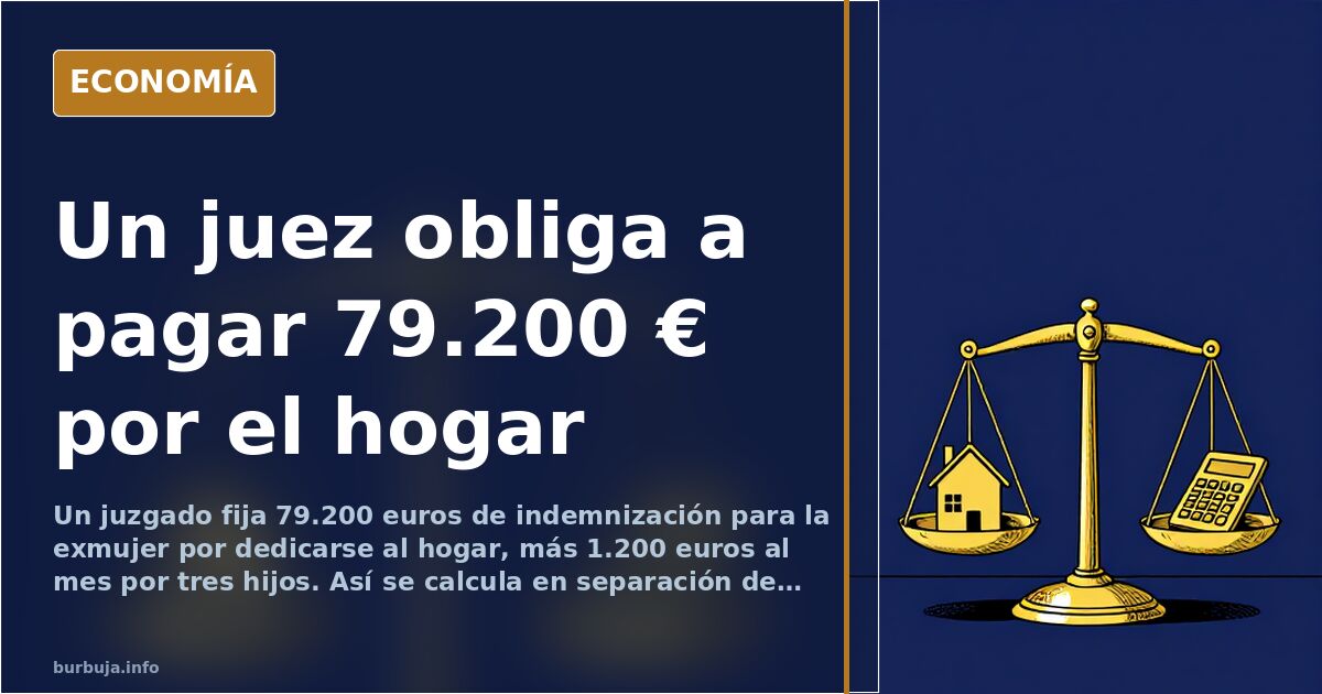 Ilustración de una balanza de justicia junto a una casa y una calculadora, símbolo de la indemnización de divorcio y la pensi