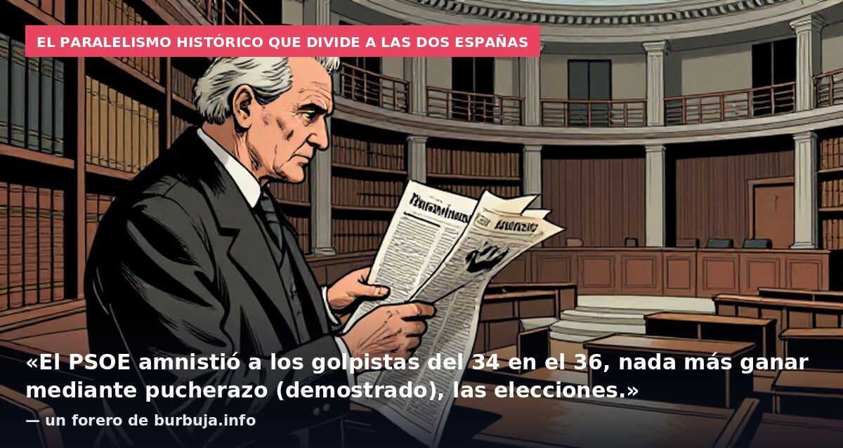 El paralelismo histórico que divide a las dos Españas: «El PSOE amnistió a los golpistas del 34 en el 36, nada más ganar mediante pucherazo (demostrado), las elecciones.» — un forero de burbuja.info