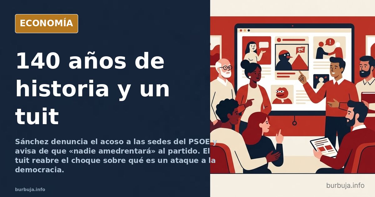Ilustración editorial de una sede del PSOE con huevos y pintadas en la fachada, bajo un cielo azul marino y detalles dorados