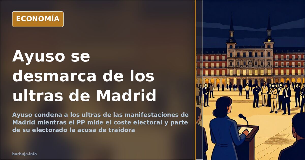 Ilustración editorial de la Puerta del Sol de Madrid con una multitud de manifestantes y una figura institucional de espaldas