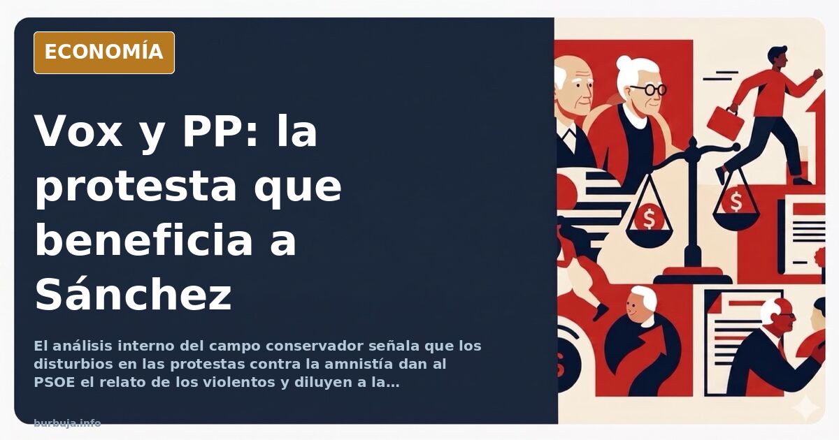Ilustración editorial de una manifestación con pancartas y una bandera española frente a una sede institucional, con figuras 