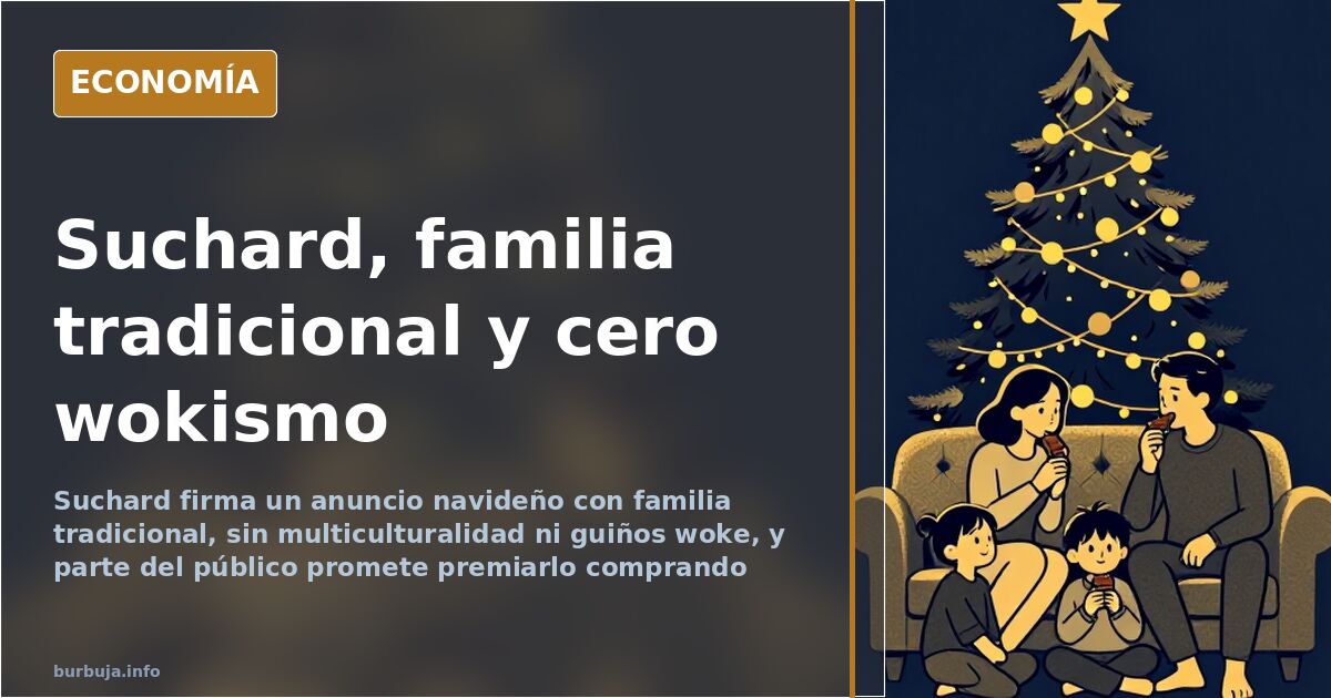 Ilustración de una familia tradicional en Navidad junto a un árbol y un perro, escena del anuncio navideño de Suchard