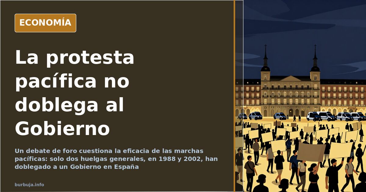 Ilustración editorial de una manifestación pacífica con pancartas frente a un edificio oficial, en tonos azul marino y dorado
