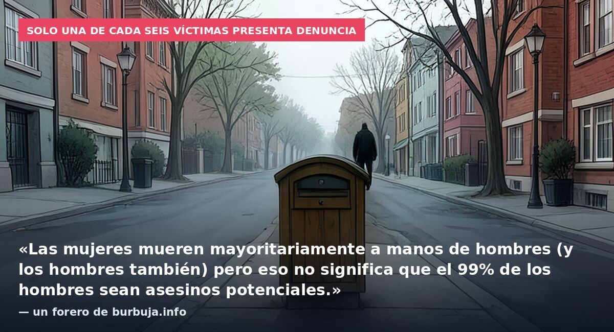 Solo una de cada seis víctimas presenta denuncia: «Las mujeres mueren mayoritariamente a manos de hombres (y los hombres también) pero eso no significa que el 99% de los hombres sean asesinos potenciales.» — un forero de burbuja.info