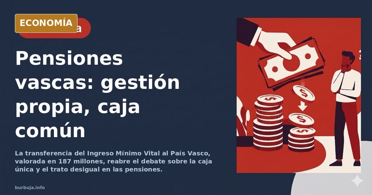 Ilustración editorial de la gestión de pensiones en el País Vasco con caja única y transferencias