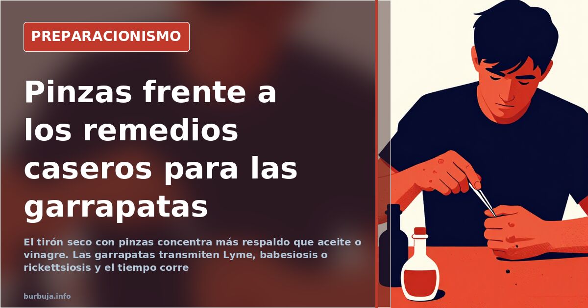 Primer plano de una garrapata enganchada en la piel junto a unas pinzas finas de depilar