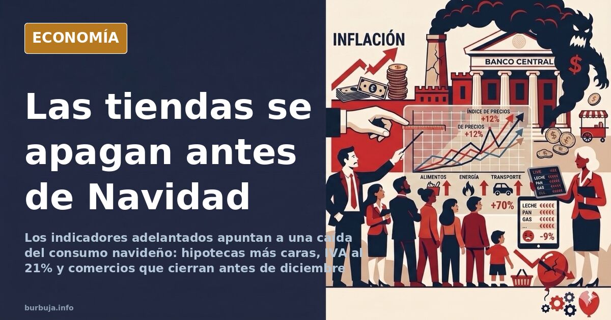 Escaparate de comercio navideño con luces apagadas y cartel de cierre en una calle vacía, ilustración editorial en azul marin