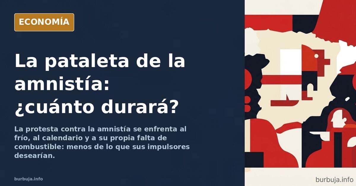 Ilustración editorial de una manifestación contra la amnistía con pancartas y termómetro bajo