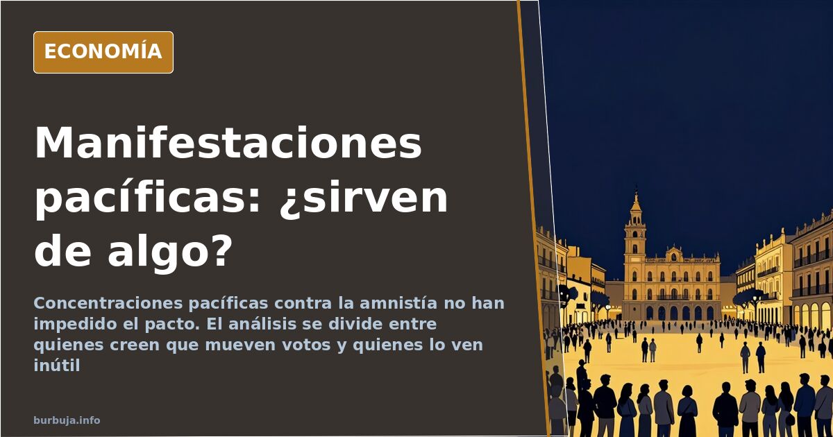 Ilustración editorial de una concentración pacífica con banderas de España frente a una sede política