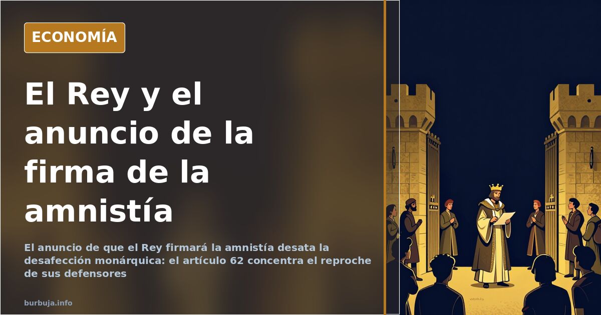 Ilustración editorial de una corona dorada junto a un documento oficial de amnistía sobre fondo azul marino
