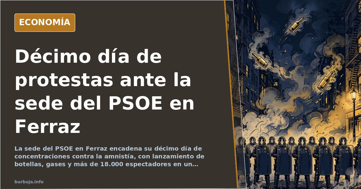 Concentración nocturna contra la amnistía frente a la sede del PSOE en la calle Ferraz de Madrid con banderas de España