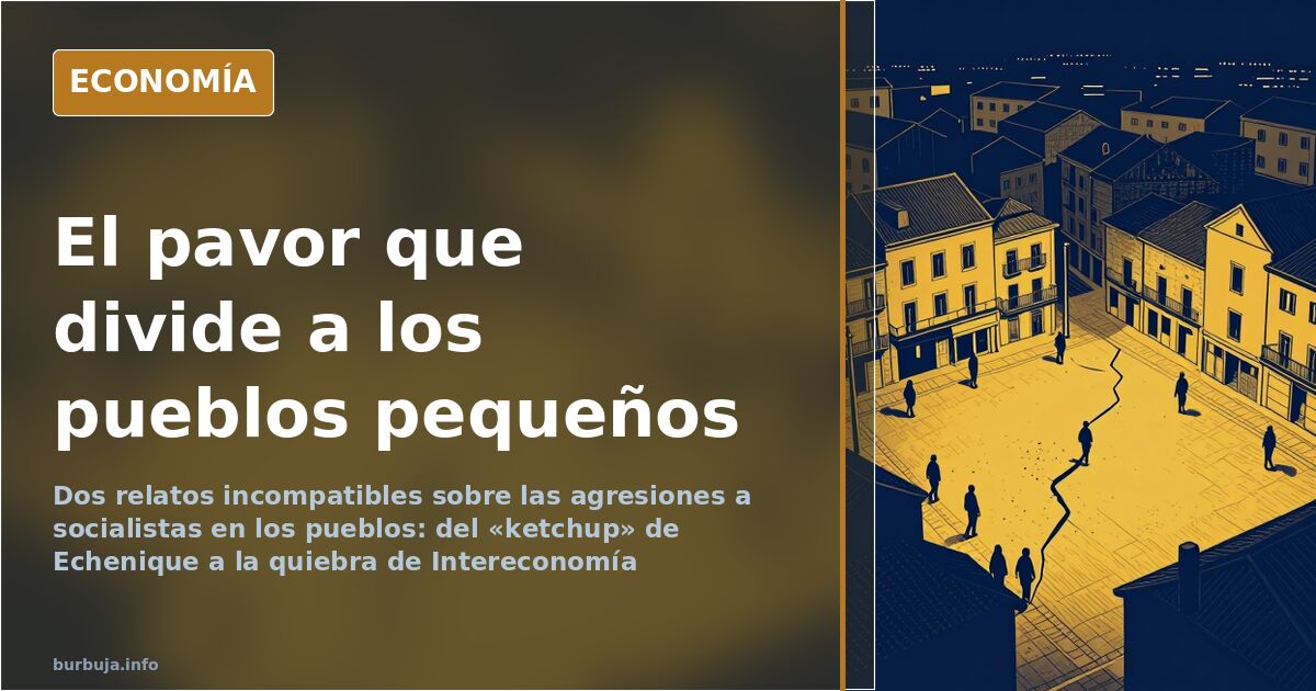 Viñeta editorial de una plaza de pueblo dividida por una grieta, símbolo de la tensión por las agresiones a socialistas