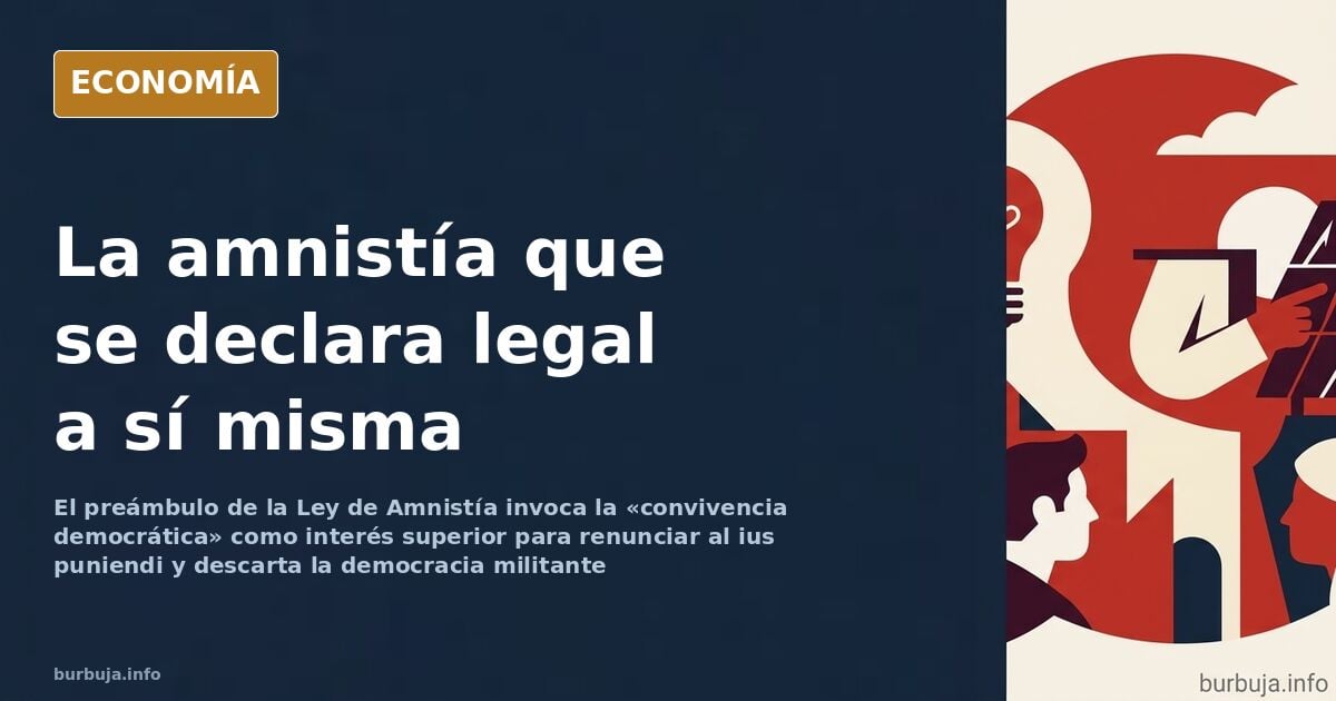 Ilustración editorial de un texto legal español sobre la Ley de Amnistía con sellos oficiales y la palabra convivencia democr