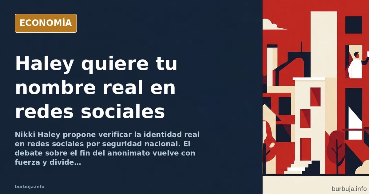 Ilustración editorial de una figura pública frente a una pantalla con perfiles de redes sociales y un documento de identidad