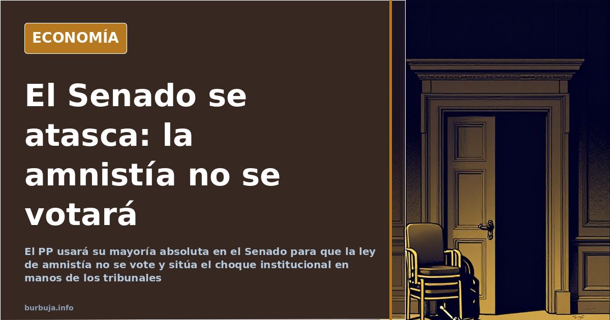 Hemiciclo del Senado con escaños vacíos y una ley de amnistía pendiente de tramitación sobre la mesa