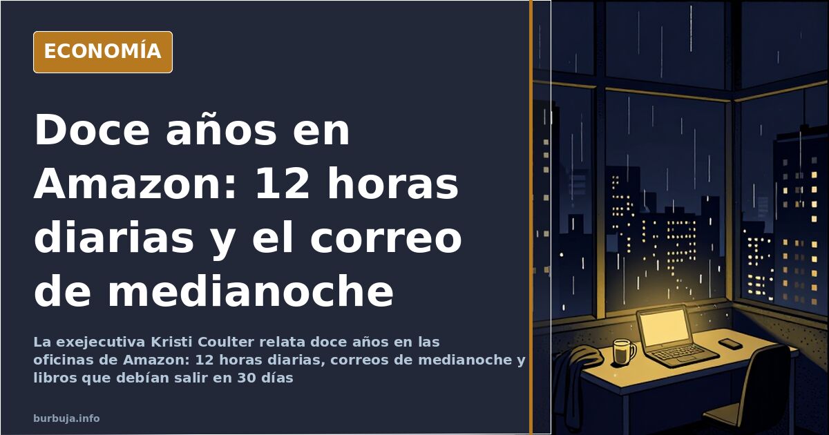 Ilustración de una oficina corporativa de noche con portátil encendido, café y ventanal sobre la ciudad, evocando las oficina
