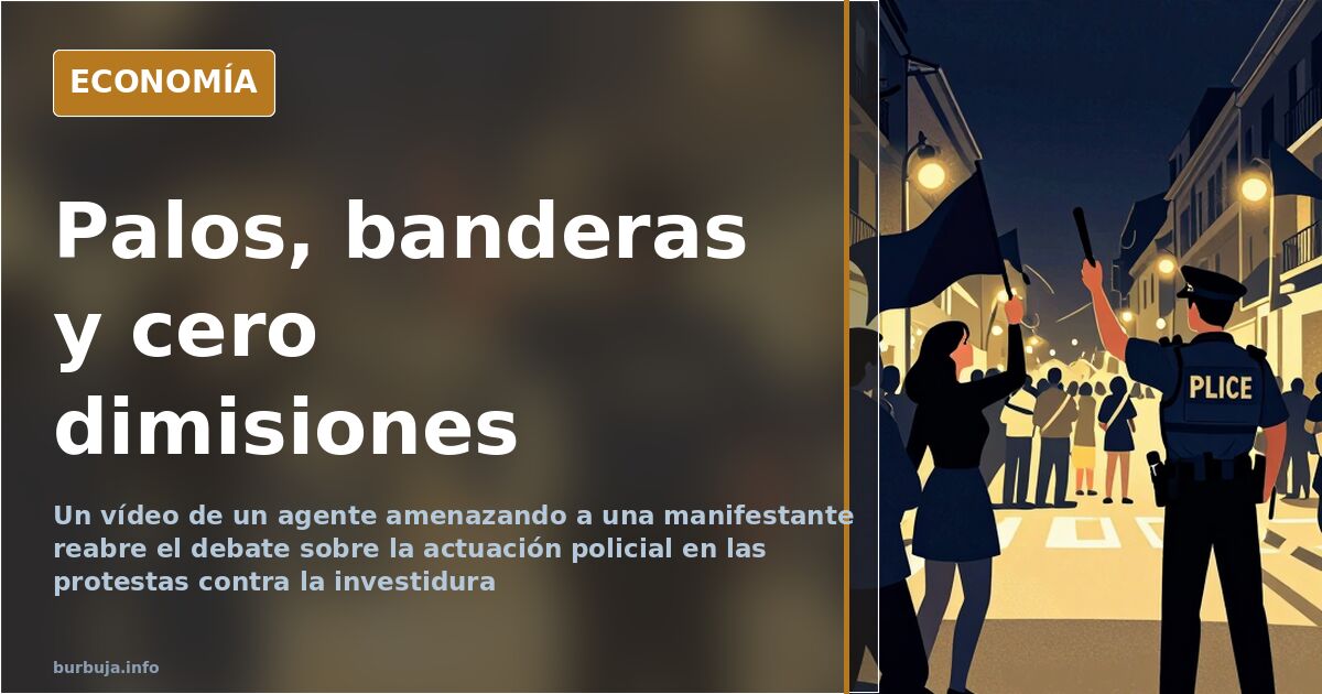 Agente antidisturbios con casco y porra frente a manifestante con bandera española en protesta contra la investidura