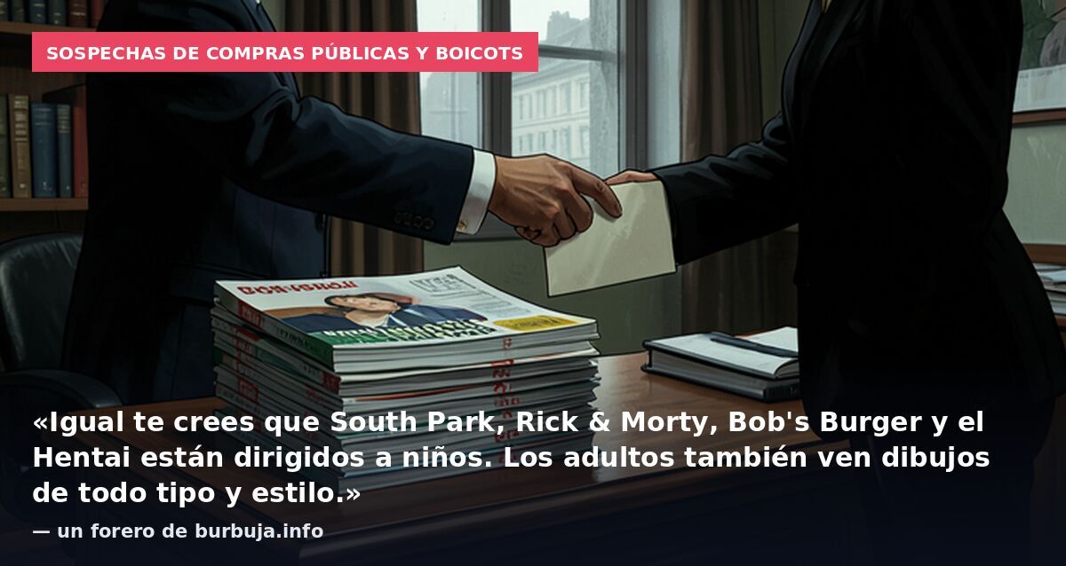 Sospechas de compras públicas y boicots: «Igual te crees que South Park, Rick & Morty, Bob's Burger y el Hentai están dirigidos a niños. Los adultos también ven dibujos de todo tipo y estilo.» — un forero de burbuja.info