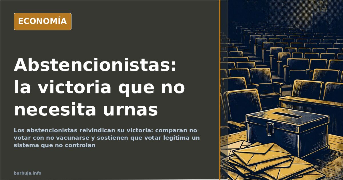 Urna metálica cerrada junto a sobres sin depositar y una papeleta en blanco, con escaños vacíos al fondo, ilustración editori