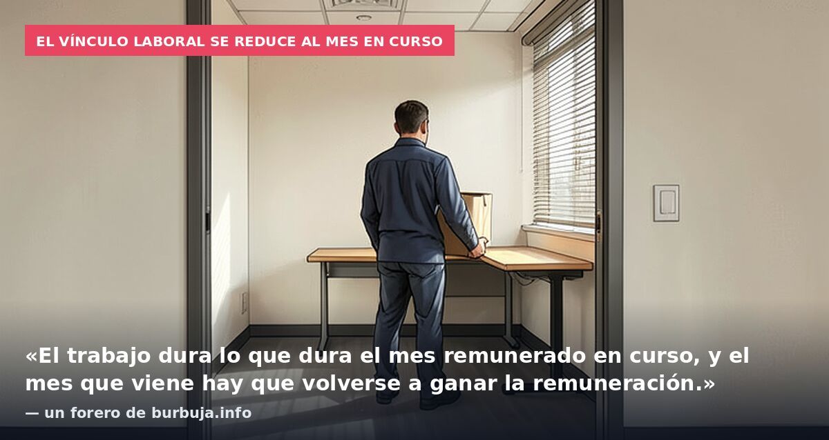 El vínculo laboral se reduce al mes en curso: «El trabajo dura lo que dura el mes remunerado en curso, y el mes que viene hay que volverse a ganar la remuneración.» — un forero de burbuja.info