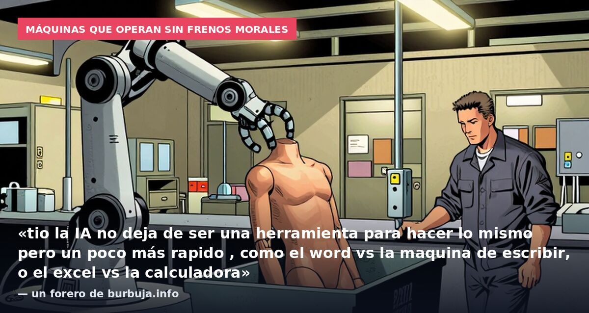 Máquinas que operan sin frenos morales: «tio la IA no deja de ser una herramienta para hacer lo mismo pero un poco más rapido , como el word vs la maquina de escribir, o el excel vs la calculadora» — un forero de burbuja.info