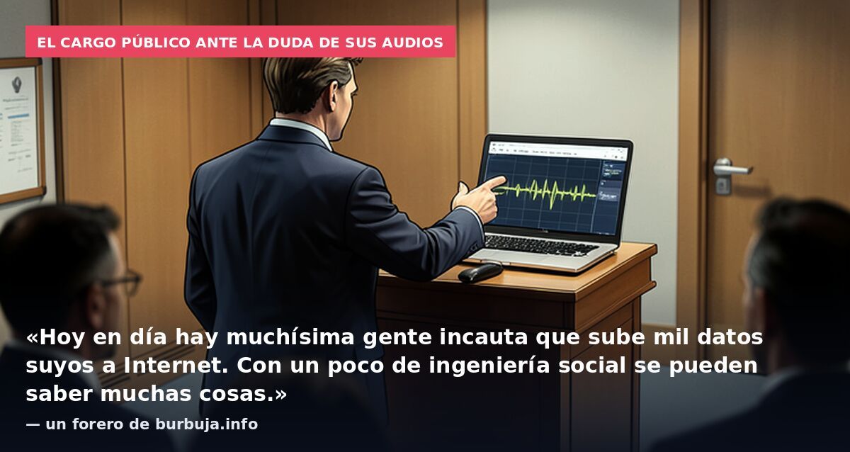 El cargo público ante la duda de sus audios: «Hoy en día hay muchísima gente incauta que sube mil datos suyos a Internet. Con un poco de ingeniería social se pueden saber muchas cosas.» — un forero de burbuja.info