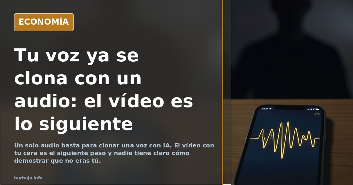 Ilustración editorial de una onda de audio que se transforma en un rostro humano digital sobre fondo azul marino y dorado