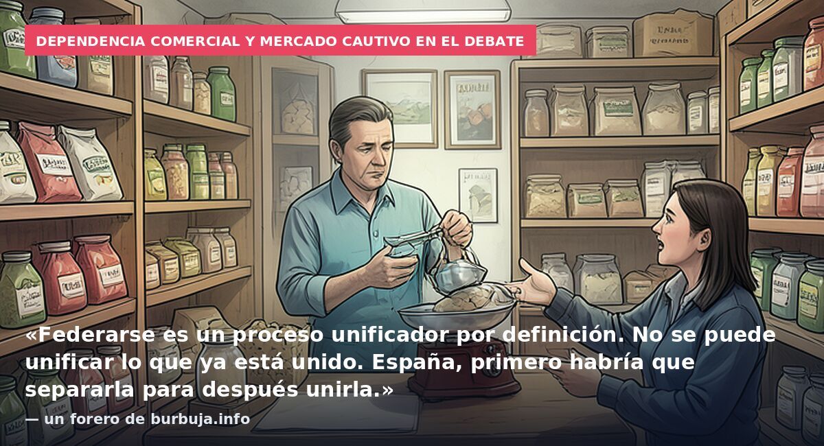 Dependencia comercial y mercado cautivo en el debate: «Federarse es un proceso unificador por definición. No se puede unificar lo que ya está unido. España, primero habría que separarla para después unirla.» — un forero de burbuja.info