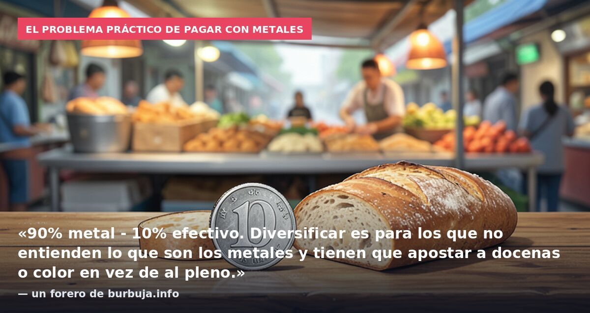 El problema práctico de pagar con metales: «90% metal - 10% efectivo. Diversificar es para los que no entienden lo que son los metales y tienen que apostar a docenas o color en vez de al pleno.» — un forero de burbuja.info