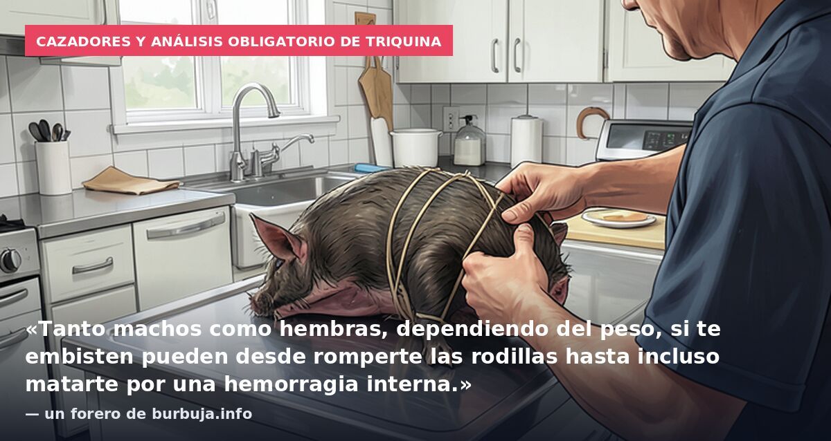 Cazadores y análisis obligatorio de triquina: «Tanto machos como hembras, dependiendo del peso, si te embisten pueden desde romperte las rodillas hasta incluso matarte por una hemorragia interna.» — un forero de burbuja.info