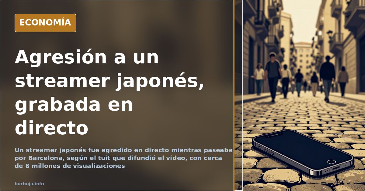 Ilustración de un directo urbano en Barcelona con cámara encendida y viandantes al fondo en una calle concurrida