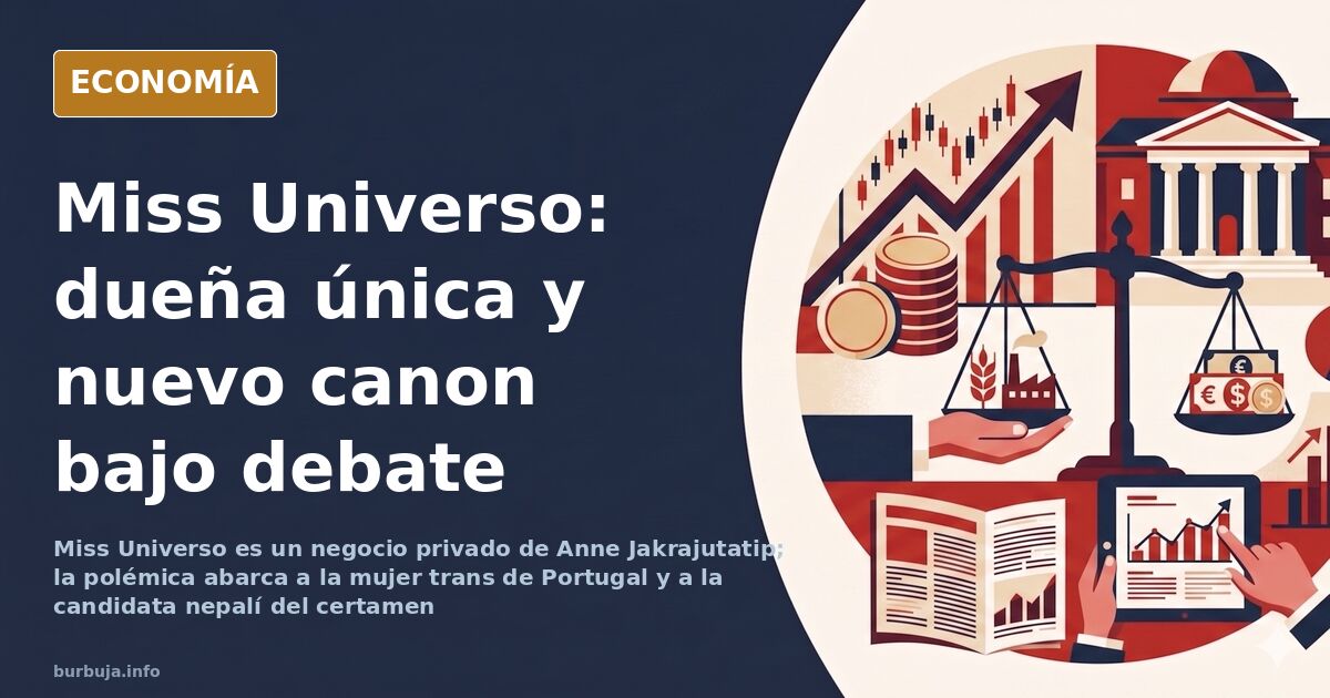 Tres figuras sobre un podio iluminado bajo focos dorados, ilustración editorial sobre el certamen de Miss Universo