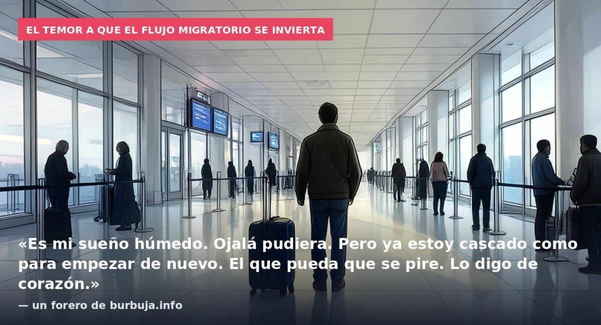 El temor a que el flujo migratorio se invierta: «Es mi sueño húmedo. Ojalá pudiera. Pero ya estoy cascado como para empezar de nuevo. El que pueda que se pire. Lo digo de corazón.» — un forero de burbuja.info