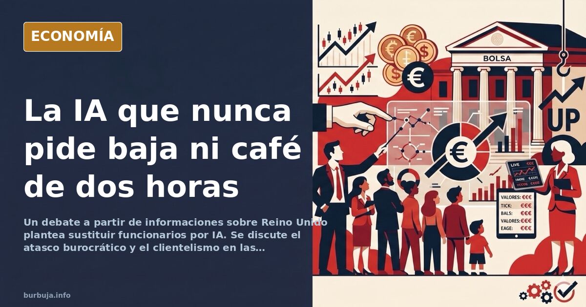 Ilustración editorial de una oficina pública vacía con pantallas de inteligencia artificial sustituyendo puestos de funcionar
