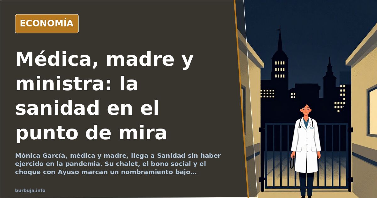 Ilustración editorial de una bata médica colgada sobre un atril de ministra en un hemiciclo vacío