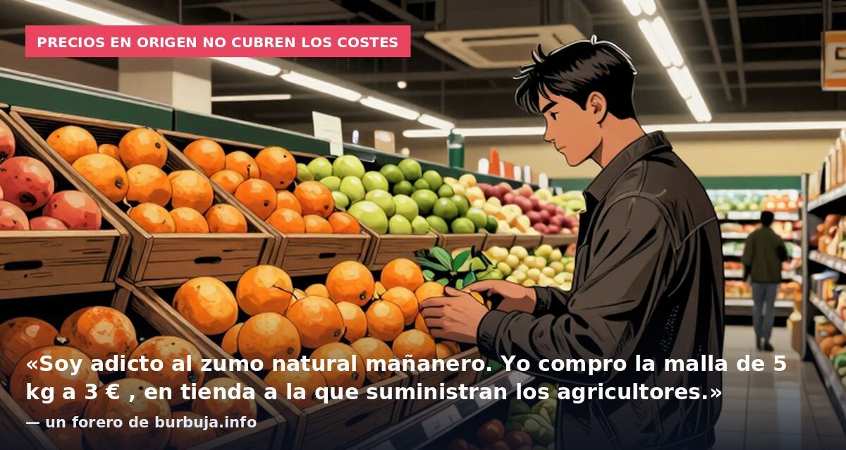 Precios en origen no cubren los costes: «Soy adicto al zumo natural mañanero. Yo compro la malla de 5 kg a 3 € , en tienda a la que suministran los agricultores.» — un forero de burbuja.info