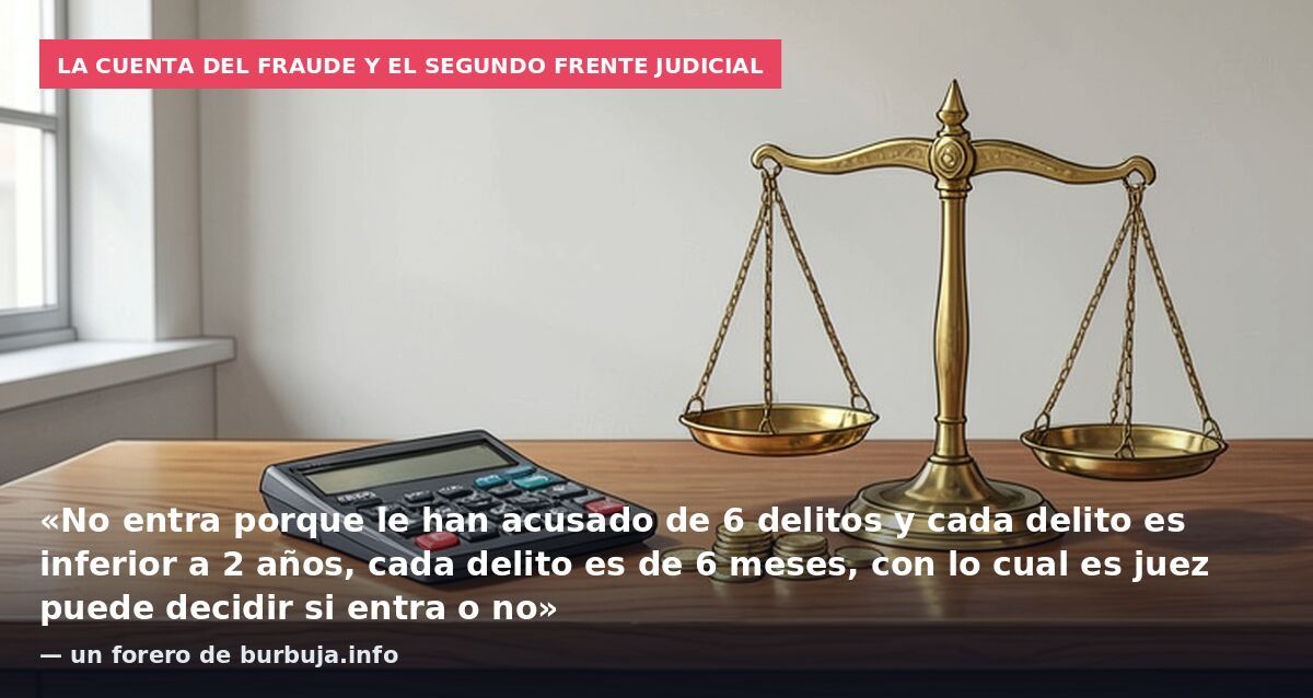 La cuenta del fraude y el segundo frente judicial: «No entra porque le han acusado de 6 delitos y cada delito es inferior a 2 años, cada delito es de 6 meses, con lo cual es juez puede decidir si entra o no» — un forero de burbuja.info