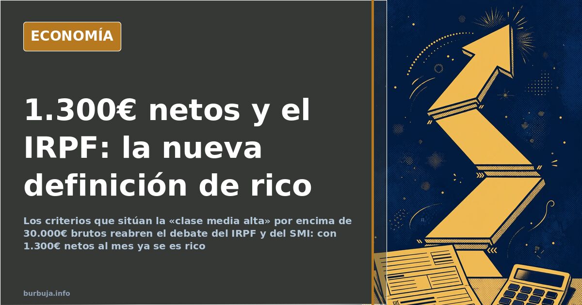 Ilustración editorial de una nómina española y una calculadora del IRPF sobre fondo azul marino con detalles dorados