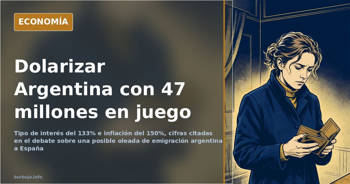 Ilustración editorial de una maleta junto a billetes de dólar sobre un mapa que une Argentina y España