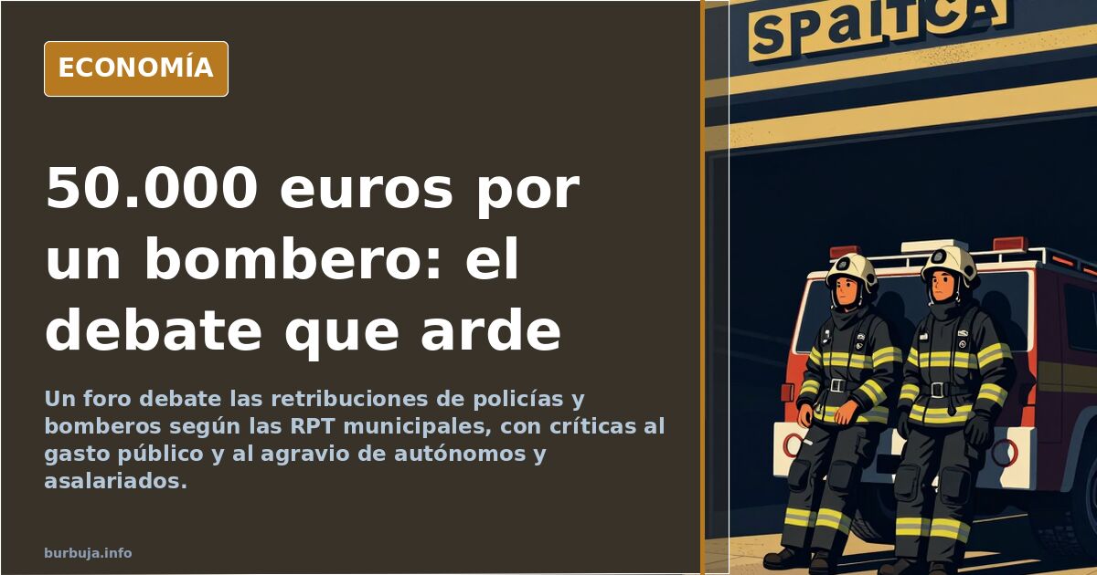 Ilustración editorial de un policía y un bombero junto a una nómina con la cifra 50.000 euros y un contribuyente observando