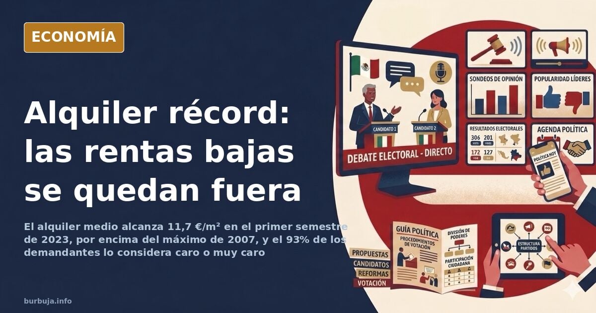 Edificios de viviendas en una ciudad española con carteles de alquiler, reflejo del encarecimiento del precio del alquiler