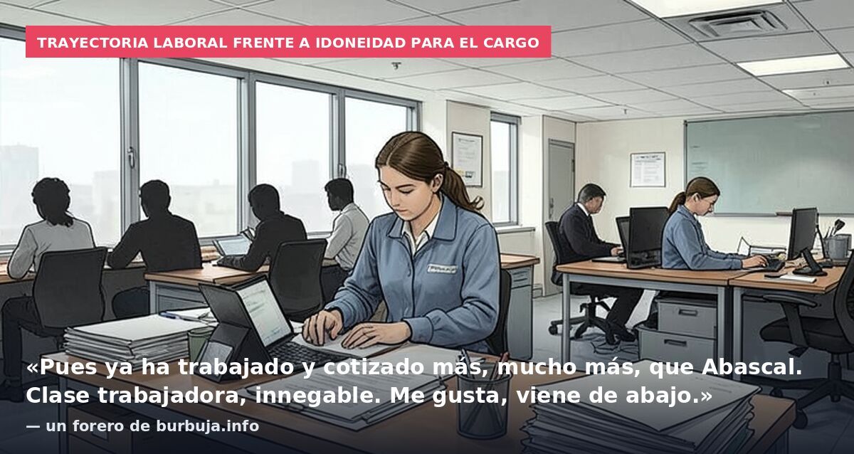 Trayectoria laboral frente a idoneidad para el cargo: «Pues ya ha trabajado y cotizado más, mucho más, que Abascal. Clase trabajadora, innegable. Me gusta, viene de abajo.» — un forero de burbuja.info