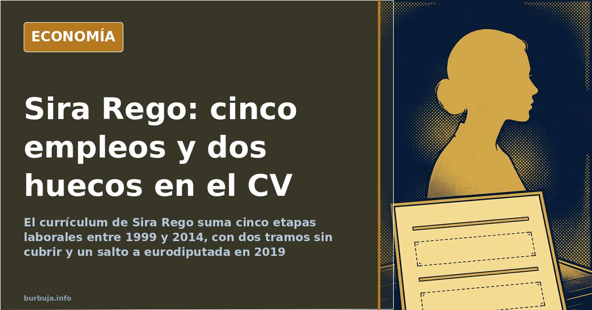 Retrato de perfil de la ministra Sira Rego con su currículum laboral desplegado y varias fechas sin cubrir sobre fondo azul o