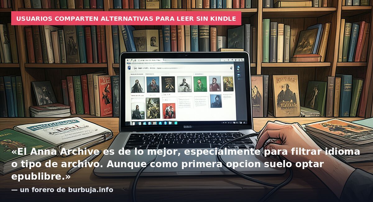 Usuarios comparten alternativas para leer sin Kindle: «El Anna Archive es de lo mejor, especialmente para filtrar idioma o tipo de archivo. Aunque como primera opcion suelo optar epublibre.» — un forero de burbuja.info