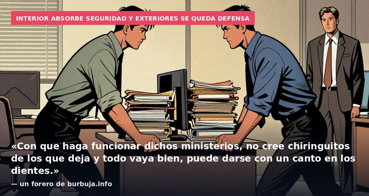 Interior absorbe Seguridad y Exteriores se queda Defensa: «Con que haga funcionar dichos ministerios, no cree chiringuitos de los que deja y todo vaya bien, puede darse con un canto en los dientes.» — un forero de burbuja.info