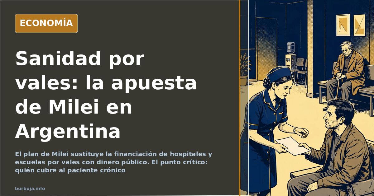 Un vale sanitario dorado sobre fondo azul marino, ilustración editorial del sistema de cheques para la sanidad argentina