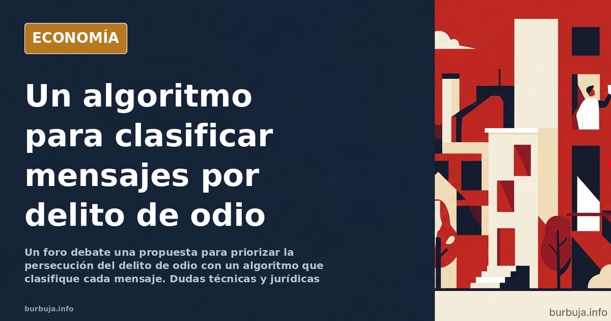Ilustración editorial de un algoritmo clasificando mensajes digitales para detectar delitos de odio