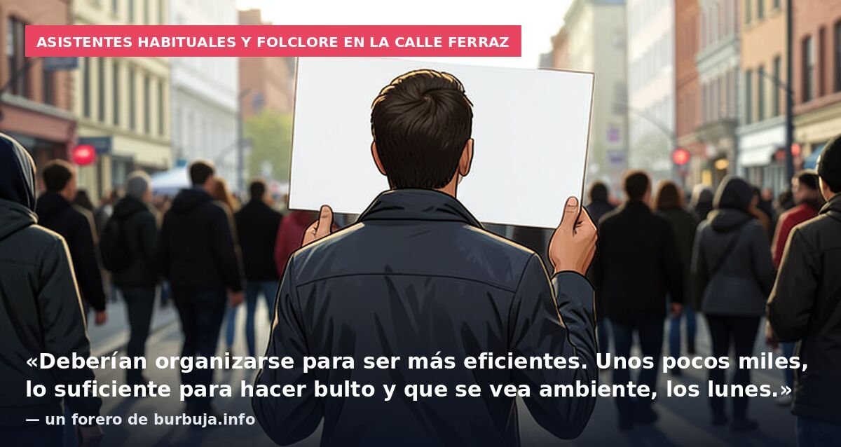 Asistentes habituales y folclore en la calle Ferraz: «Deberían organizarse para ser más eficientes. Unos pocos miles, lo suficiente para hacer bulto y que se vea ambiente, los lunes.» — un forero de burbuja.info