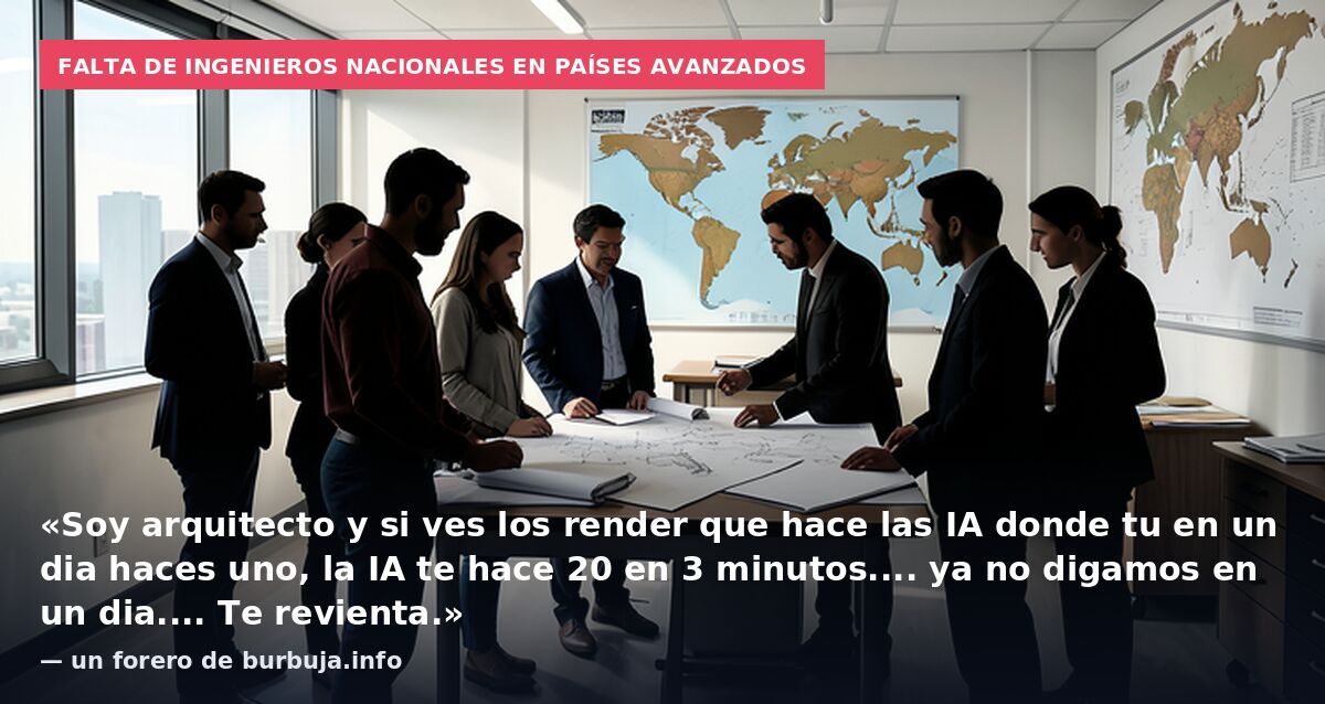 Falta de ingenieros nacionales en países avanzados: «Soy arquitecto y si ves los render que hace las IA donde tu en un dia haces uno, la IA te hace 20 en 3 minutos.... ya no digamos en un dia.... Te revienta.» — un forero de burbuja.info