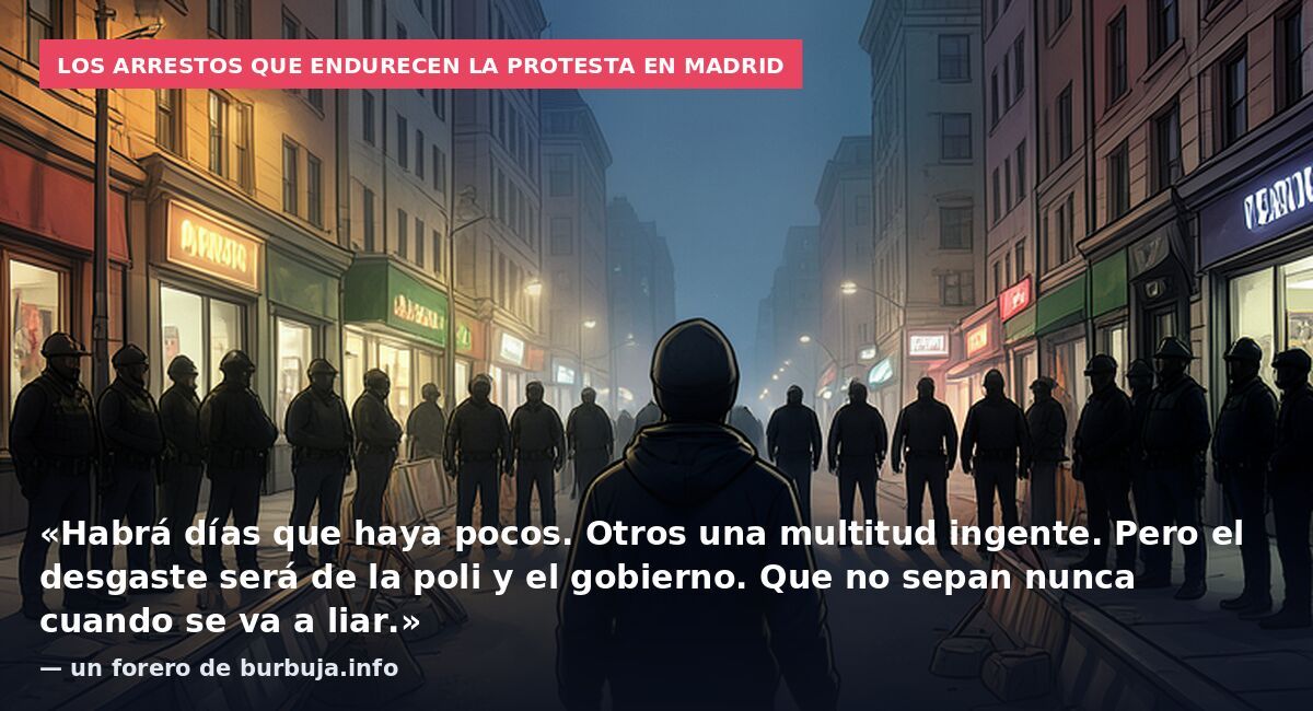 Los arrestos que endurecen la protesta en Madrid: «Habrá días que haya pocos. Otros una multitud ingente. Pero el desgaste será de la poli y el gobierno. Que no sepan nunca cuando se va a liar.» — un forero de burbuja.info